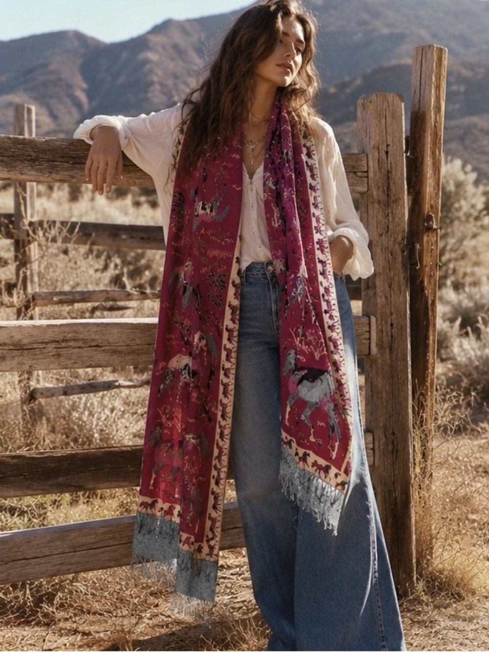 New Pure Cashmere Equestrian Stole | Horse Print Shawl Wrap